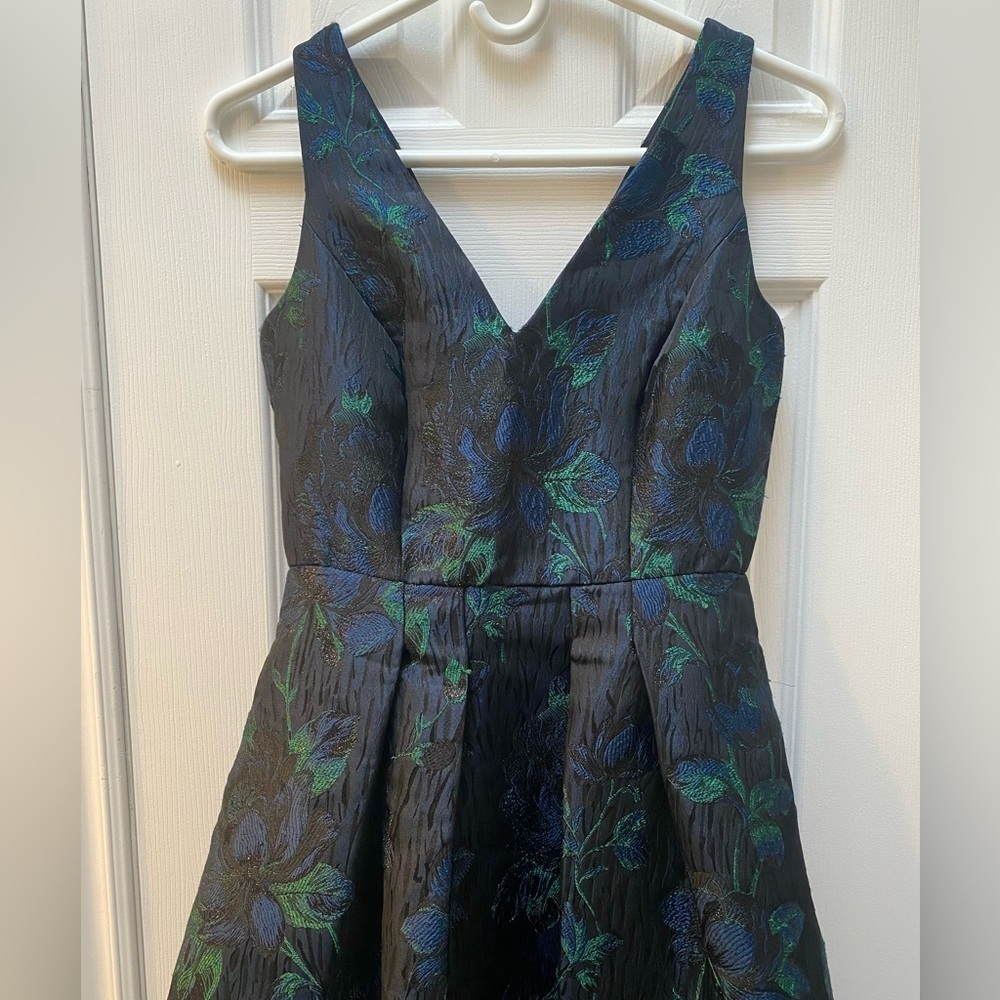 Elegant Dark Floral Jacquard High Low Dress - Picture 2 of 11